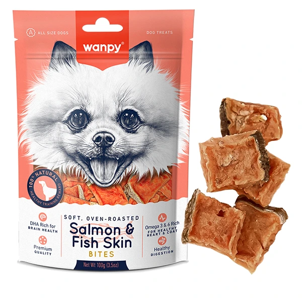 Ласощі для собак Wanpy Snacks Soft Salmon & Fish Skin Bites, М’які шматочки лосося