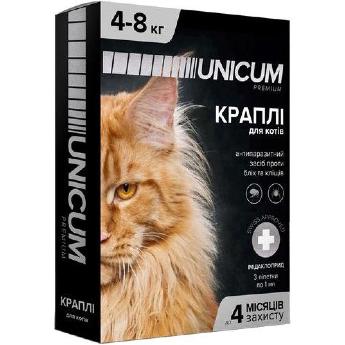 Краплі для котів UNICUM PREMIUM, від бліх та кліщів, 4-8 кг