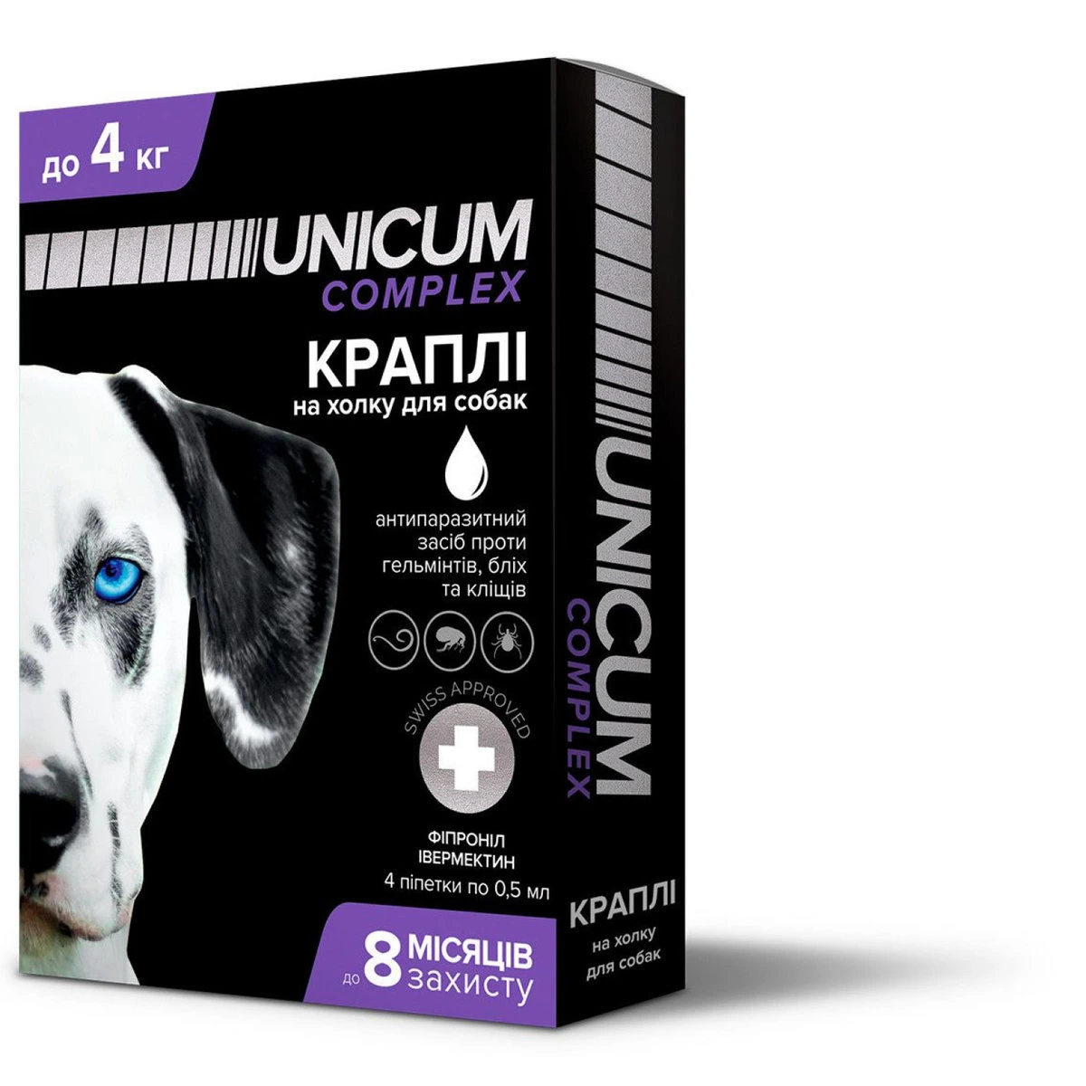 Краплі для собак Unicum COMPLEX, від бліх, кліщів та гельмінтів, 0-4 кг