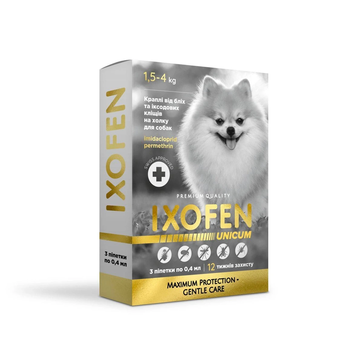Краплі IXOFEN проти іксодових кліщів, бліх та комарів для собак 1.5-4 кг (3 піп. по 0,4 мл.)
