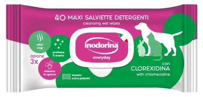 Вологі серветки для котів та собак Inodorina Everyday, Хлоргексидин, морський аромат, 40 шт