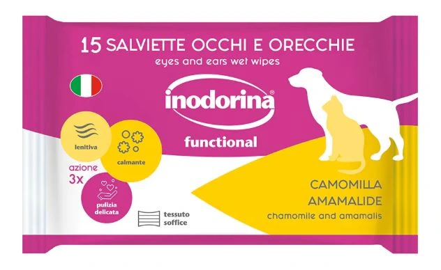 Вологі серветки для собак та котів Inodorina Functional Camomilla, для догляду за вухами та очима з ромашкою