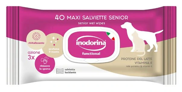 Вологі серветки для собак та котів Inodorina Functional Del Latte Vitamina E, для тварин похилого віку, з молочними протеїнами та вітаміном E