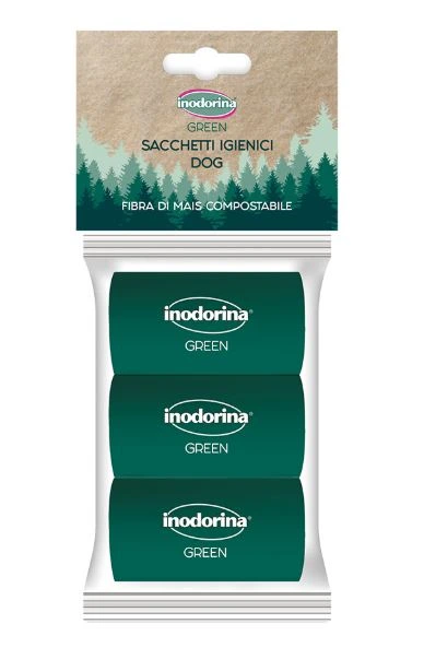Пакетики для прибирання за собакою Inodorina Green Bags, Біорозкладні з кукурудзяного волокна, 3 шт