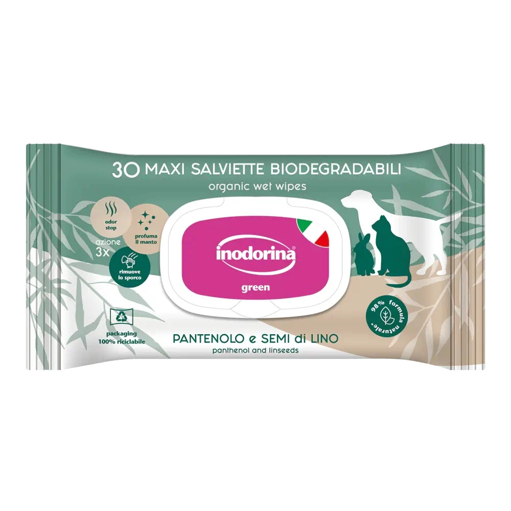 Вологі серветки для собак, котів та гризунів Inodorina Green Panthenol and Linseeds, з пантенолом та олією насіння льону
