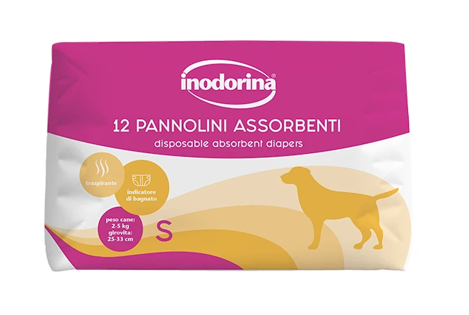 Підгузки для собак Inodorina Pannolini Assorbenti, з індикатором вологості, 12 шт, розмір S