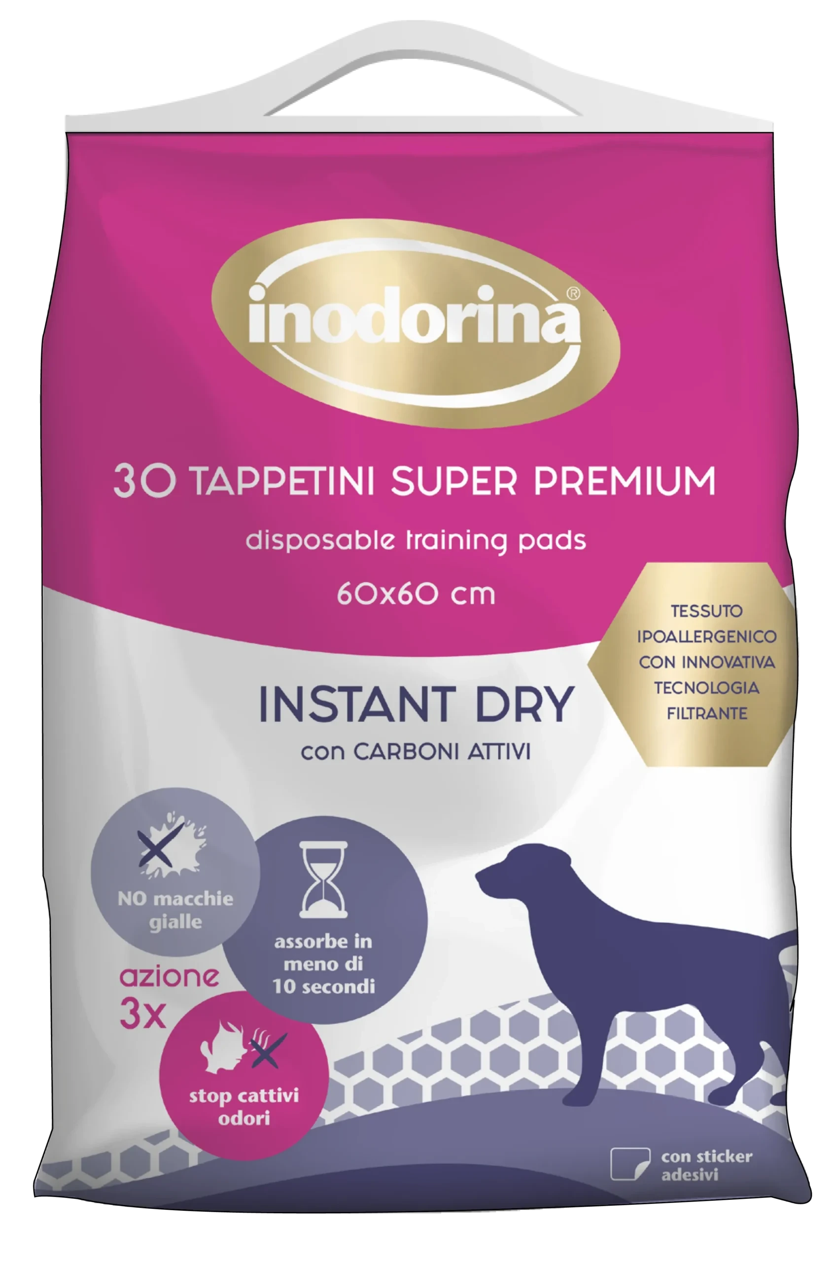 Пелюшки для собак Inodorina Training Pads Instant Dry, Швидкопоглинаючі, з активованим вугіллям, 60х60 см, 30 шт