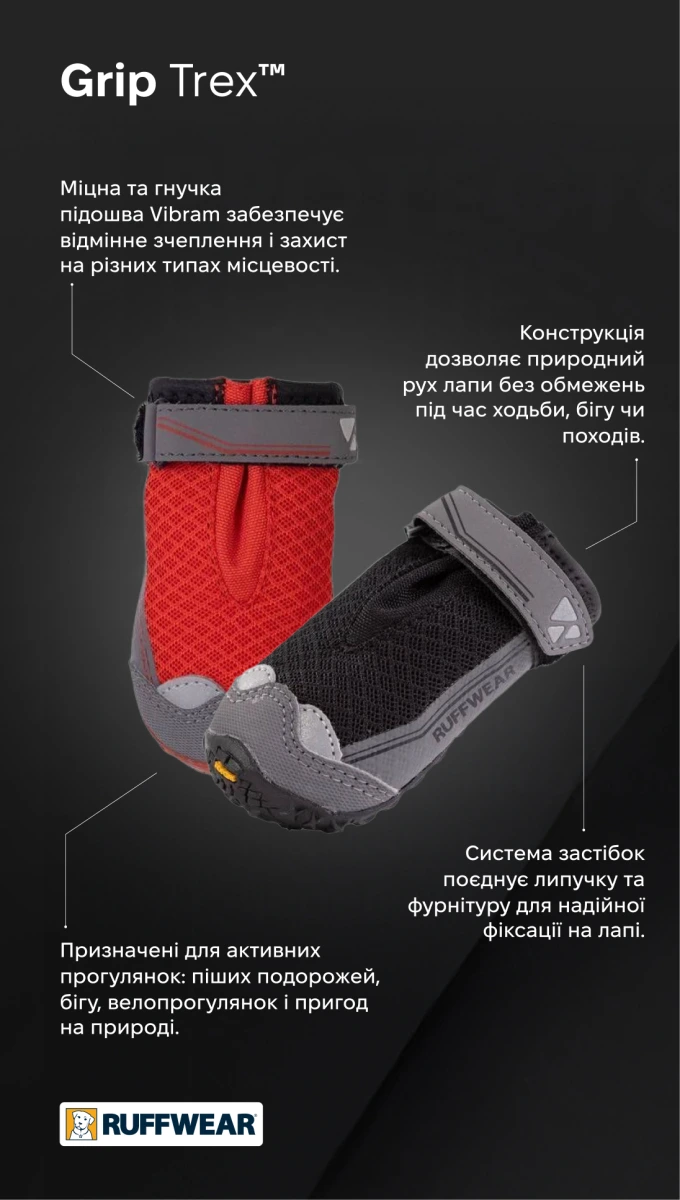 Черевики для собак Ruffwear Grip Trex™ 64 мм Чорний